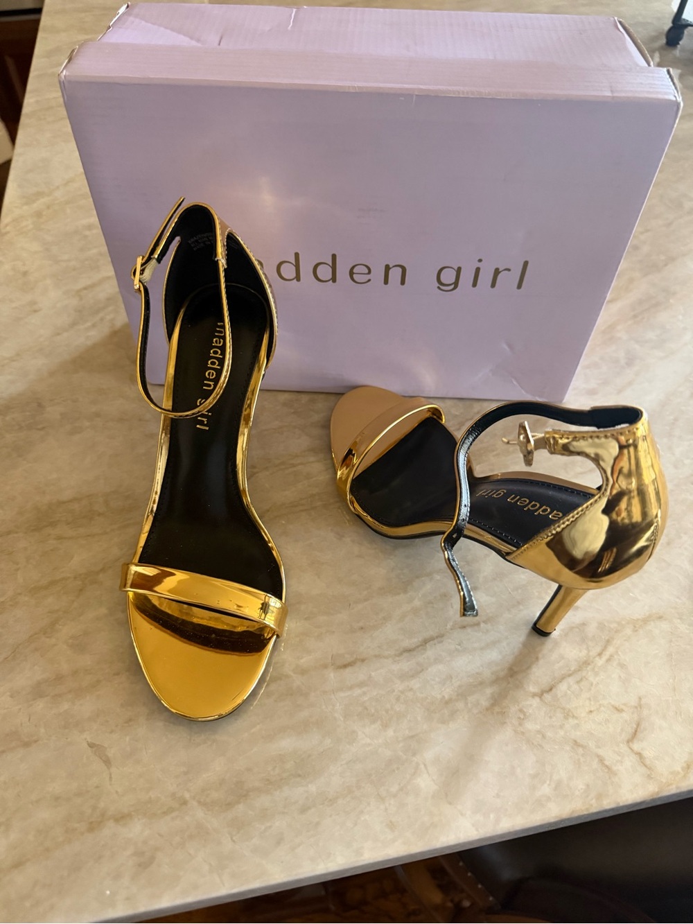 Madden Girl Shiny Gold Ankle-Strap Heels
